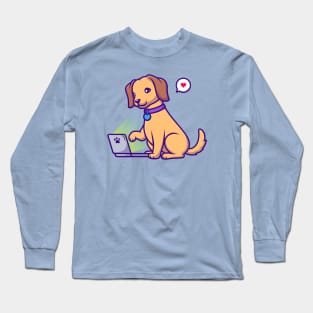 Cute Dog Playing Laptop Cartoon Long Sleeve T-Shirt